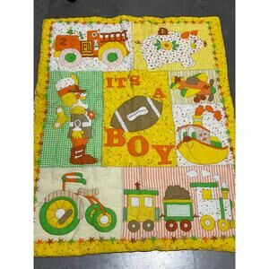 1980 80s Sports It's a Boy, Yellow Baby Quilt with Toddler Toys, Baby